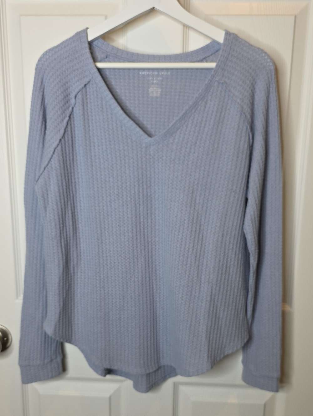 American Eagle Soft & Sexy Plush Waffle Knit V-Neck in Soft Blue, Women's Small